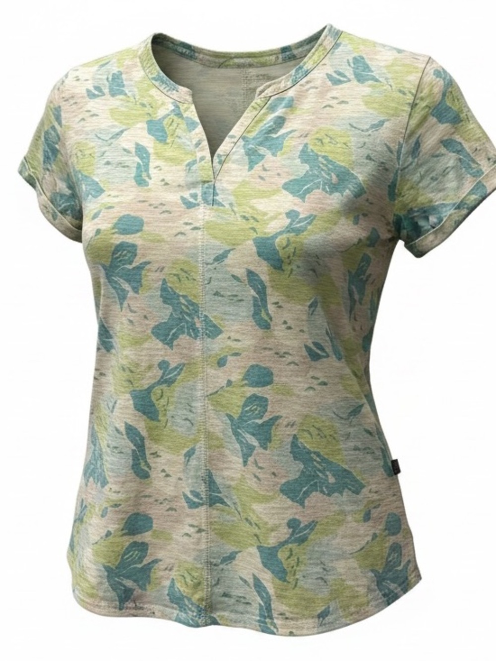 LL Bean Women’s Short Sleeve Split-Neck Top in Light Blue & Green SZ XL EUC